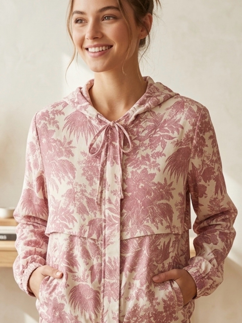 Chaser Pink and Cream Hooded Jacket with Floral Print - Picture 1 of 9